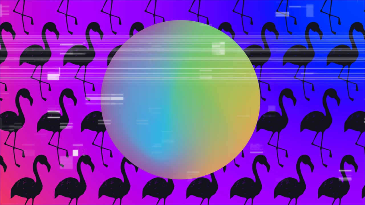 그라디언트 색으로 된 큰 공. 배경에 검은 플라밍고