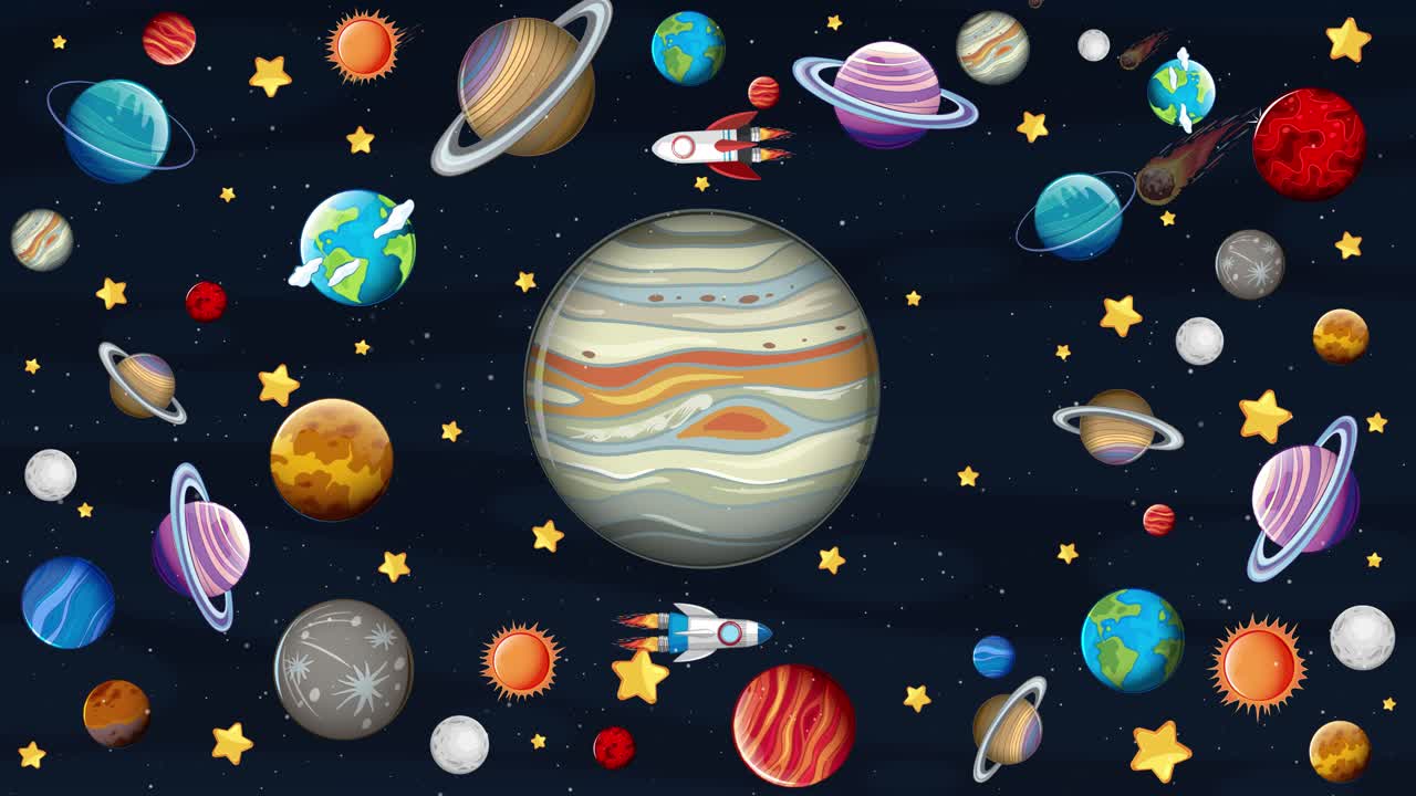 행성과 우주 비행사들과 함께 하는 애니메이션 우주 탐사