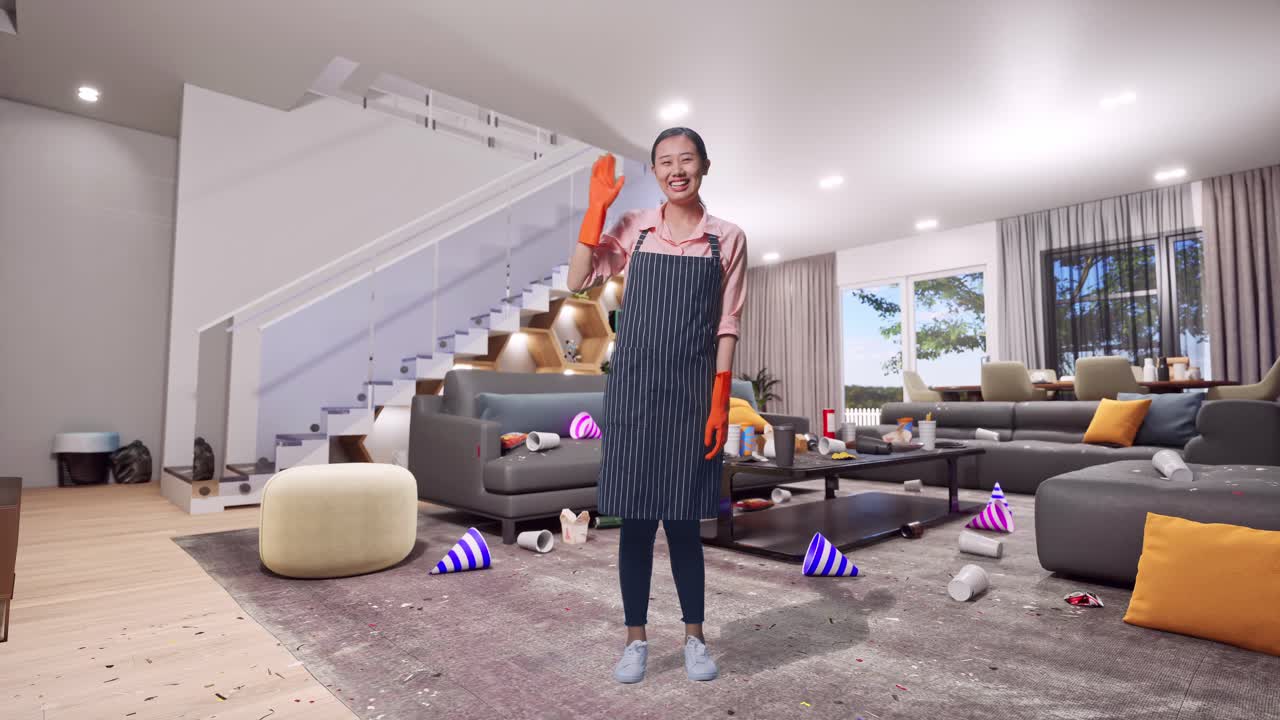 Full Body Of Asian Female Housekeeper With An Apron Waving Hand And Smiling While Standing In House
