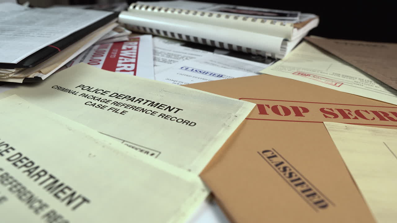 Scrivania di un agente speciale piena di documenti e rapporti classificati top secret, primo piano.