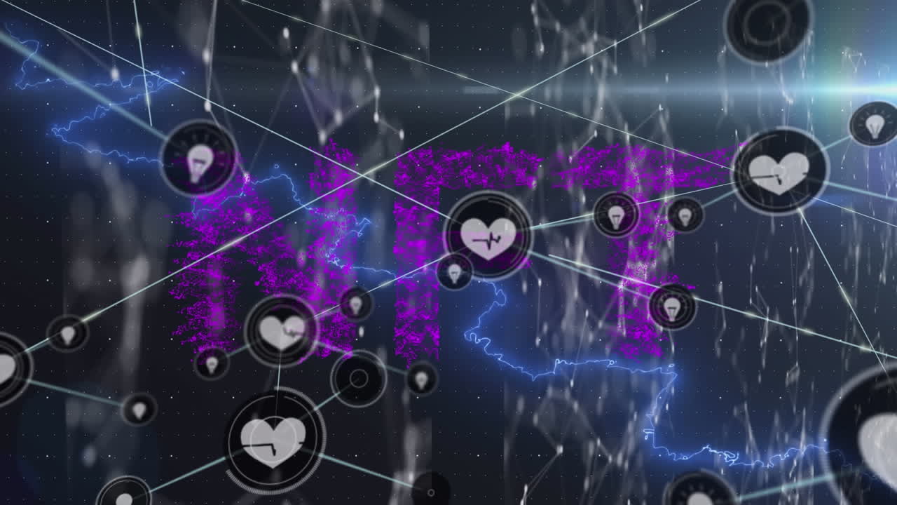 검은색 배경에 nft 텍스트와 번개가 있는 아이콘으로 연결된 네트워크의 애니메이션