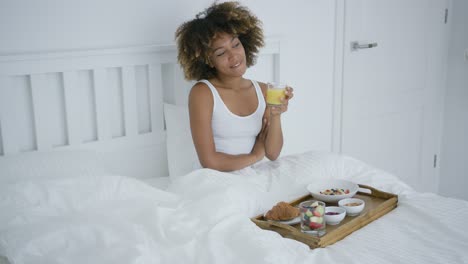 Zufriedene-Frau-Beim-Frühstück-Im-Bett-In