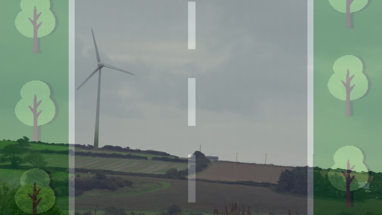 Digital overlay showing rural farmland dividing green and brown fields, highlighting wind turbine
