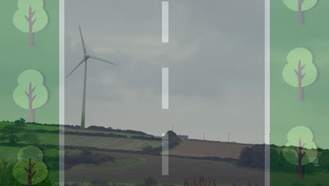 digital overlay showing rural farmland dividing green and brown fields, highlighting wind turbine