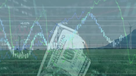 animation of graphs, trading board and burning 100 dollar bill over windmills on grassy landscape