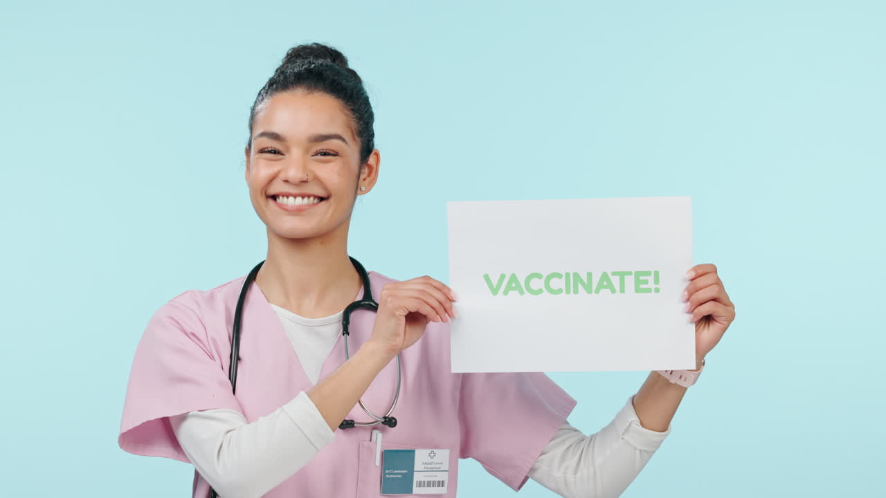Health, vaccine poster and woman nurse with advice