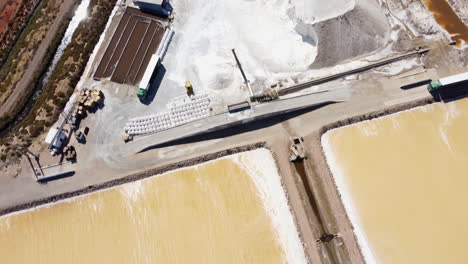 aerial top down shot of salt farm with salt lakes and yellow salt beds in portugal