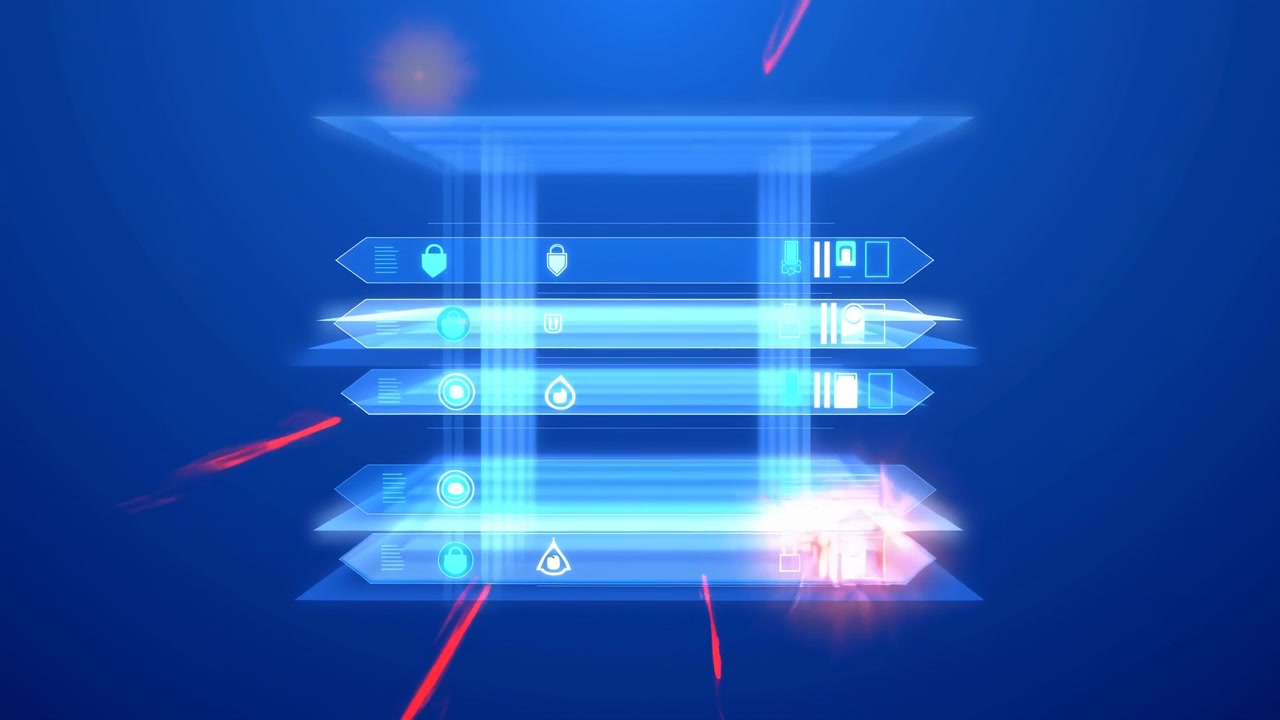 Horizontal luminous panels remain centered as small circular and rectangular symbols glow within them, while red streaks and pulsing light bursts shift position through the sequence.