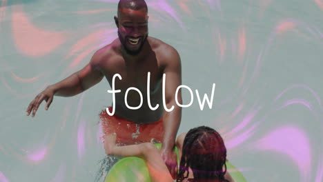 in pool, man and child playing with colorful swirls and animation text