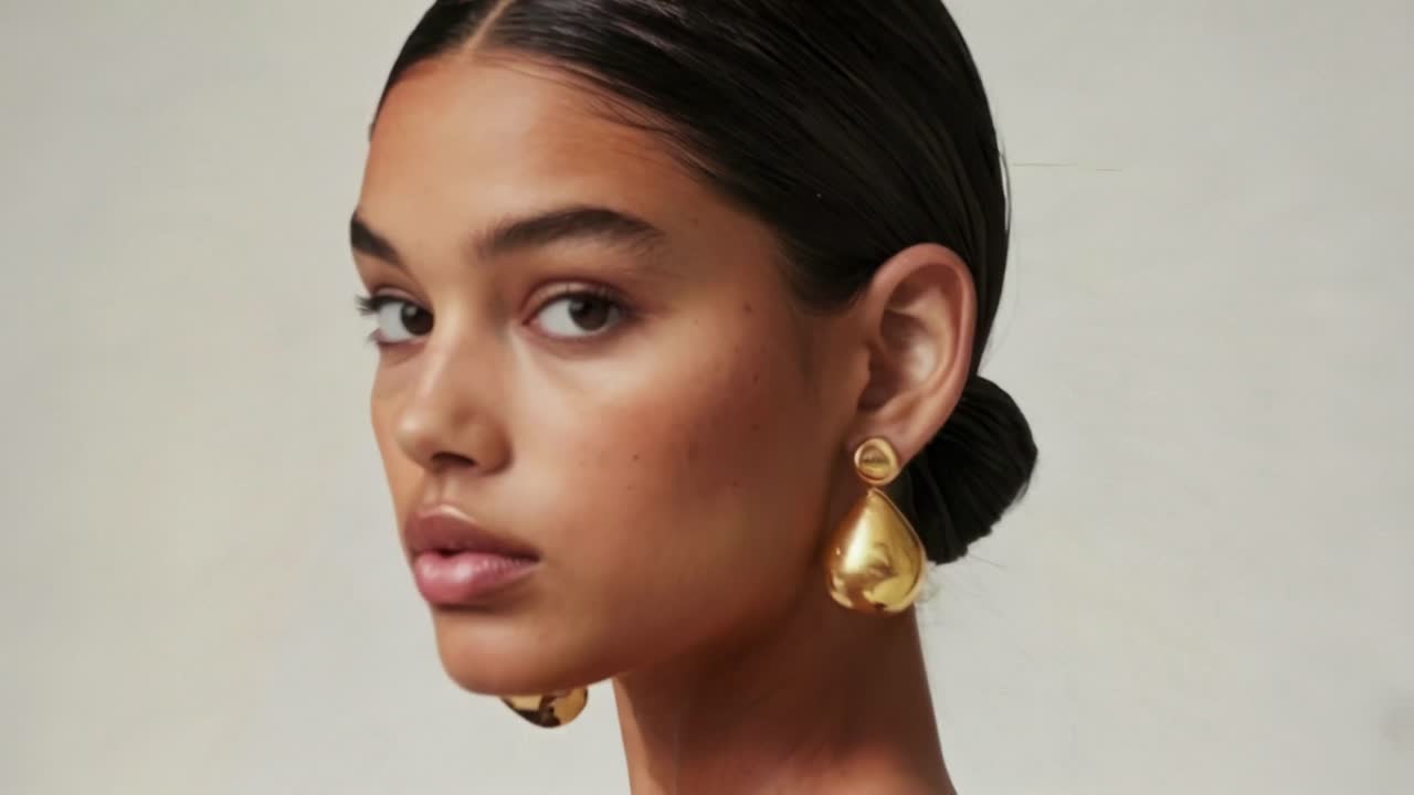 Elegant portrait of a woman with slicked-back hair and gold earrings, captured from a side angle