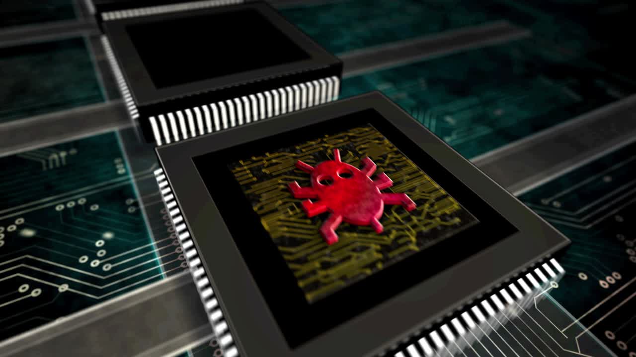 Cyber crime with virus or worm symbol in processor factory loopable
