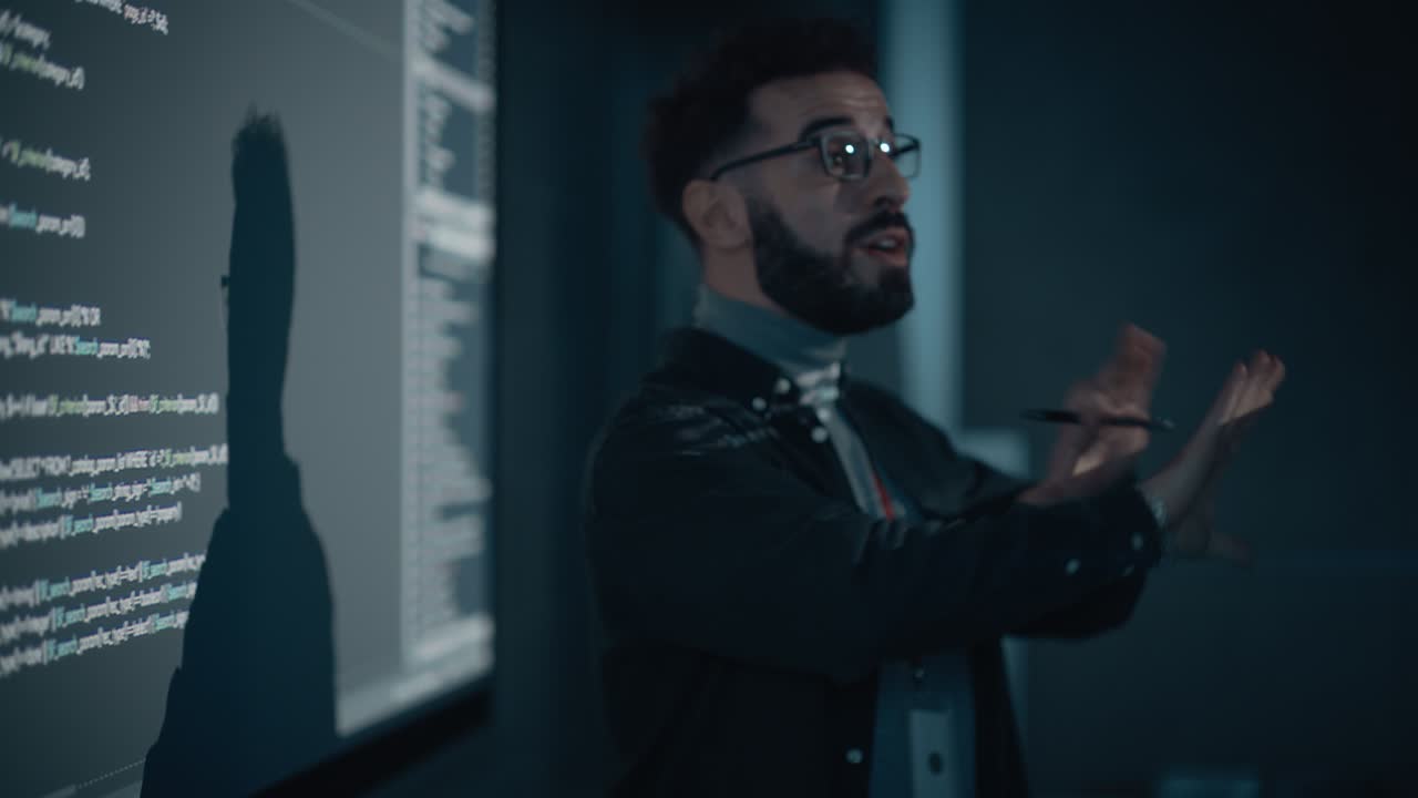 Business Conference Presentation: Visionary Startup CEO Presents New Product, Does Motivational Talk Science, Lecture, Technology, Entrepreneurship, Development, Leadership. Background with Code.