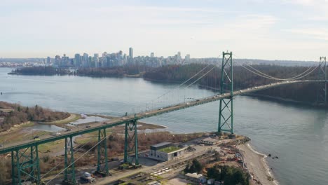 aerial view of traffic at the lions gate bridge in vancouver, canada