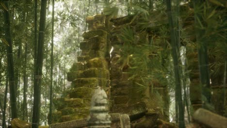 the ruins of ancient buildings in green bamboo forest