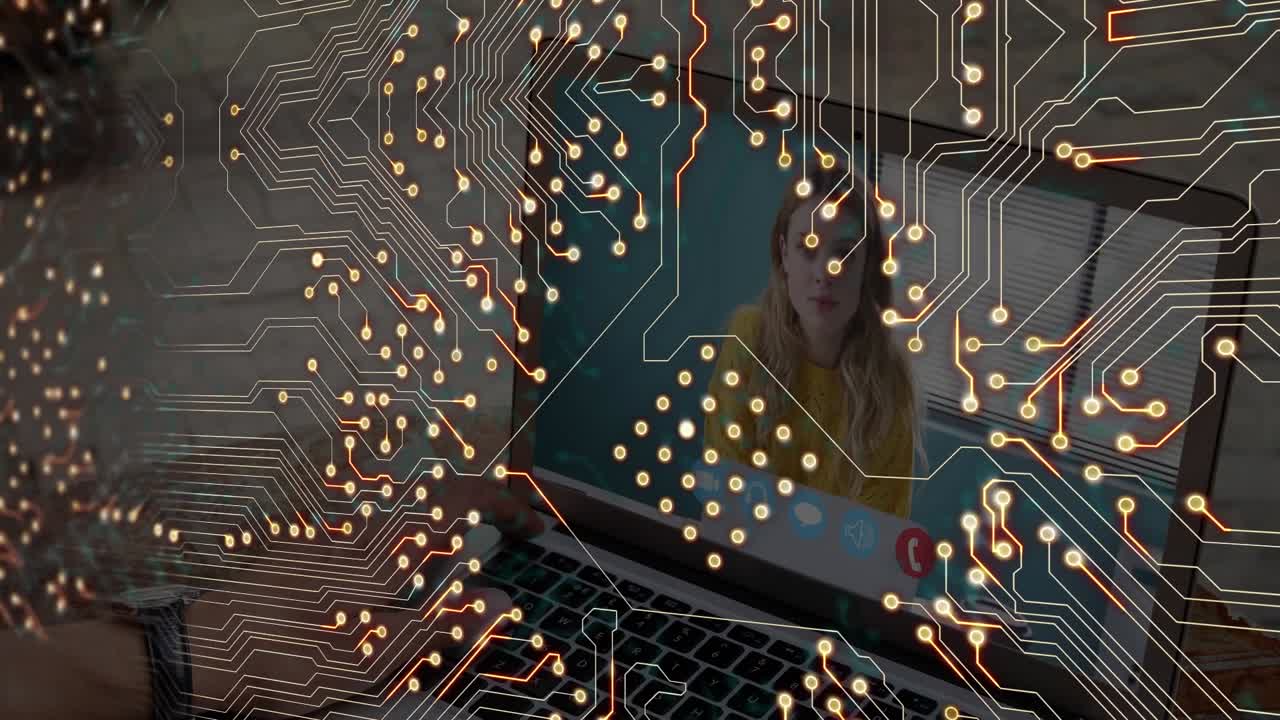 Animation of data processing and networks of connections over dark background