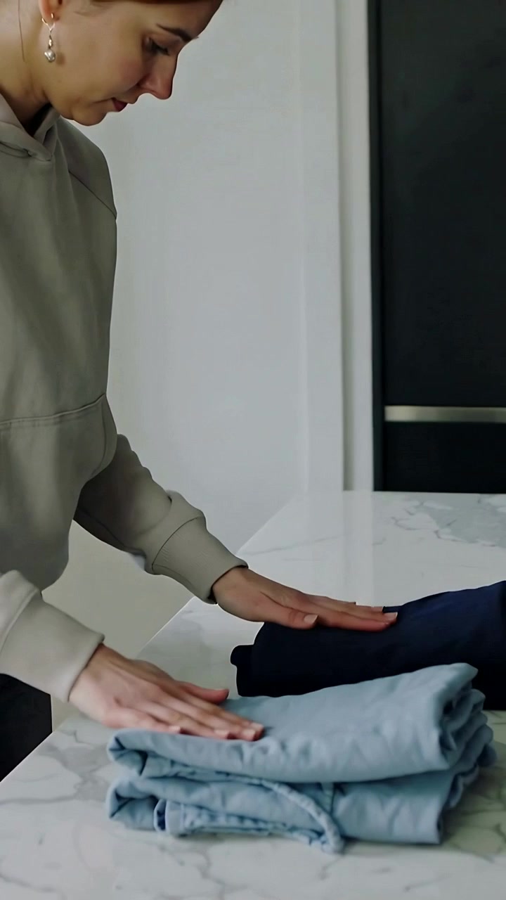 Video verticale: Donna con cappuccio che sceglie dei jeans e sistema i vestiti su un piano in marmo a casa, con spazio per il testo