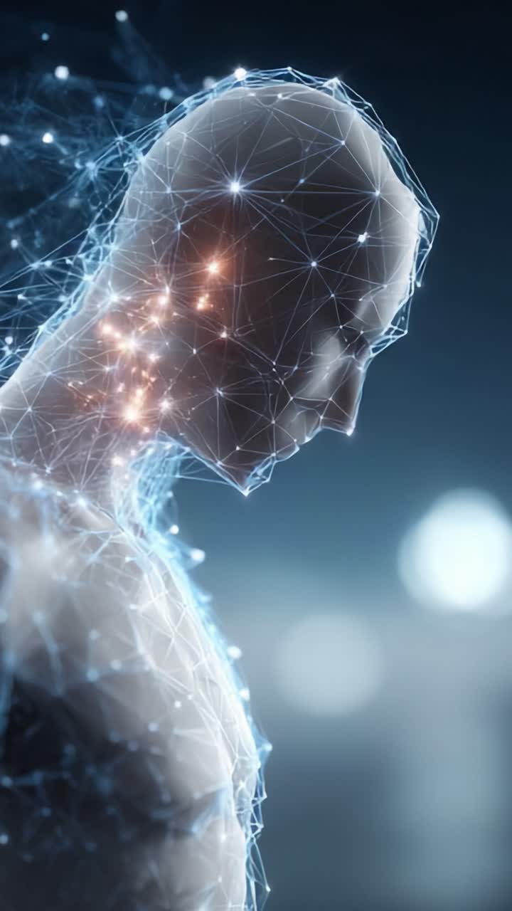 Uno sguardo al futuro: una figura umana stilizzata che incarna l'intersezione tra tecnologia e umanità, con un'intricata rete di luci e rappresentazioni di dati