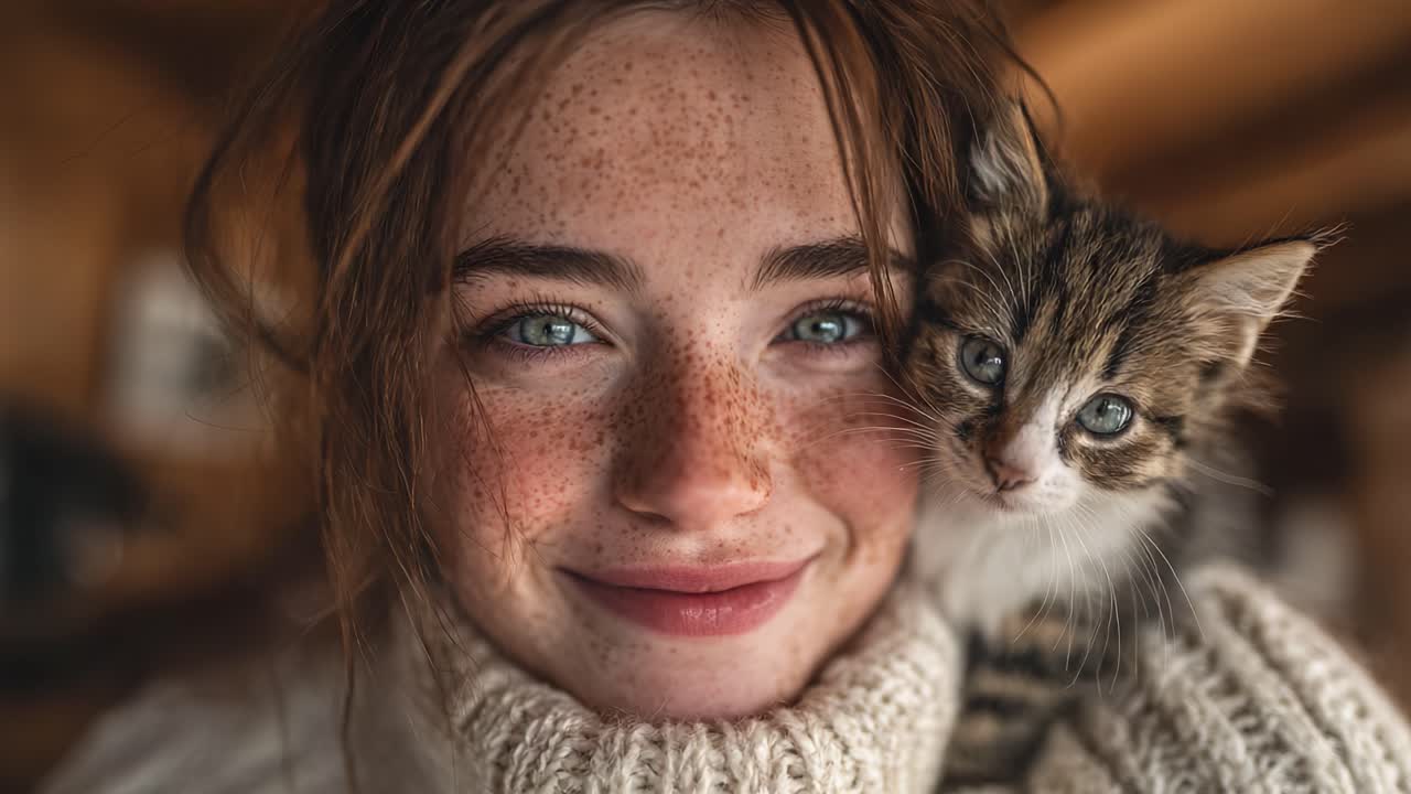 A Heartwarming Moment: A Young Woman's Joyful Smile with Her Adorable Kitten, Captured in a Cozy, Natural Setting