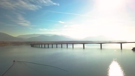 drone shot polifitos lake and bridge near kozani in greece