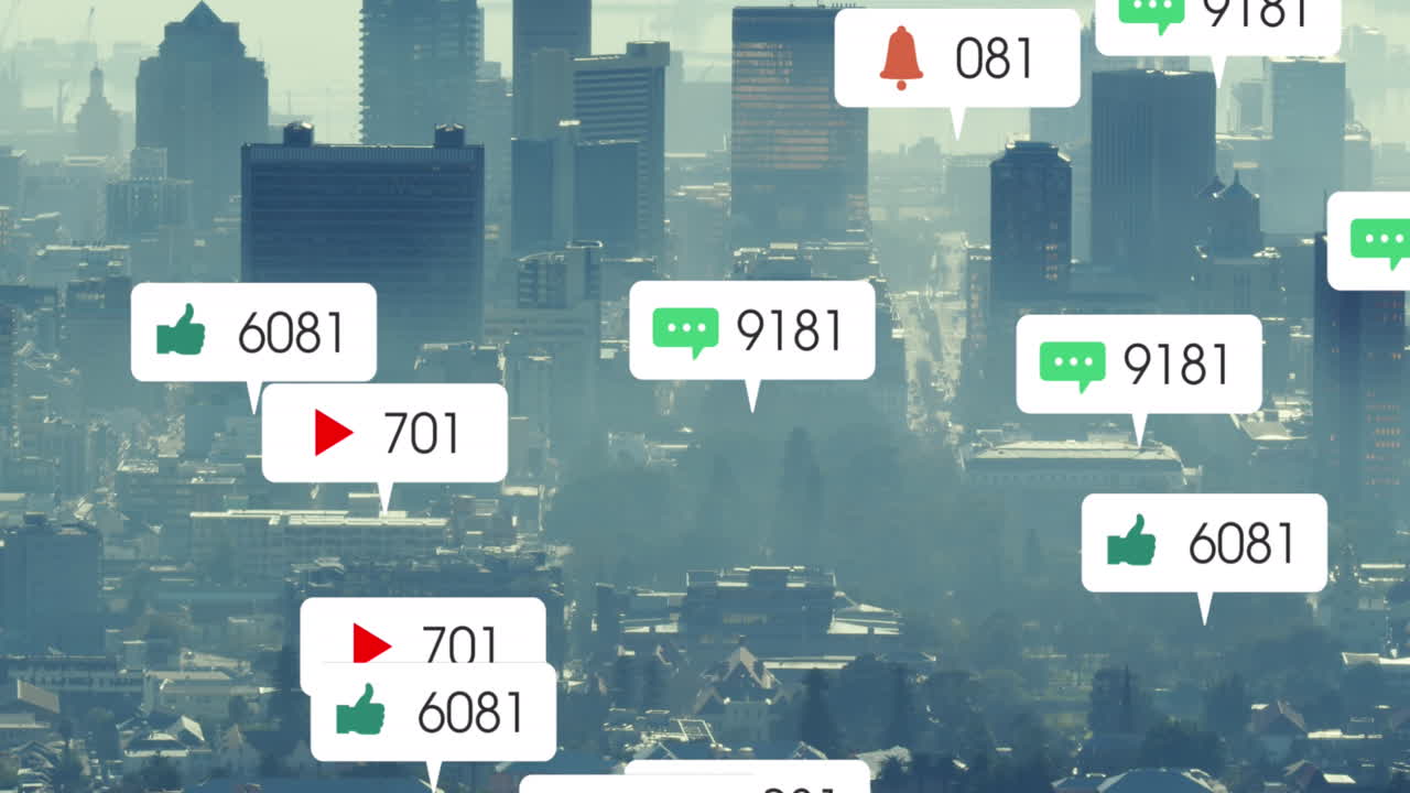 소셜 미디어 아이콘의 애니메이션과 도시 풍경의 공중 전망