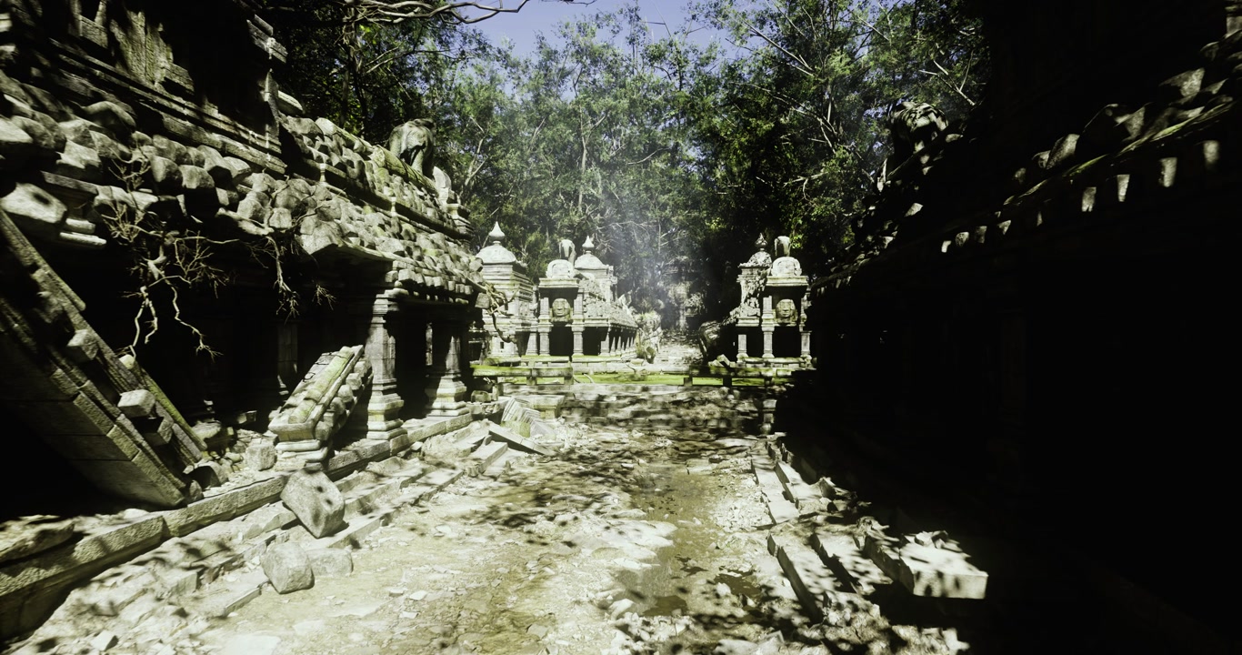 Serene journey through time in ruined temple overtaken by nature