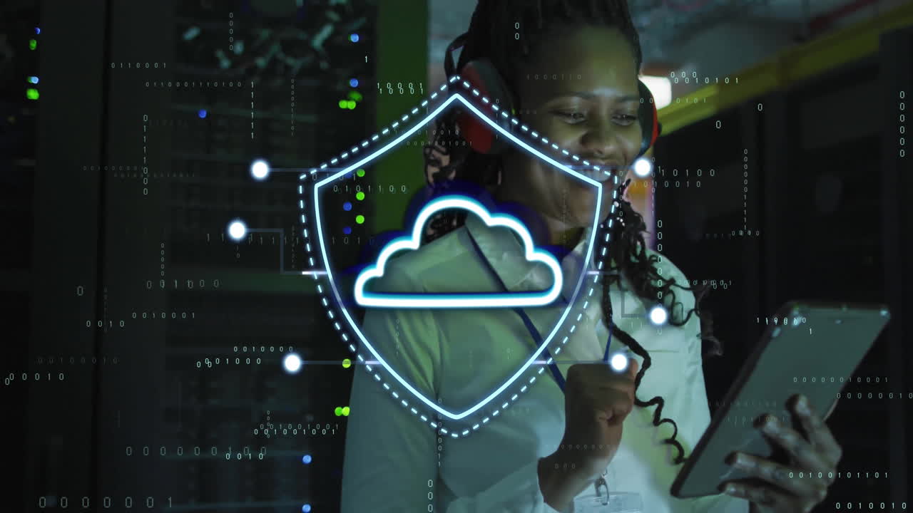 Cybersecurity cloud shield animation over woman using tablet in server room