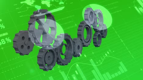 animation of gears rotating over graphs on green background