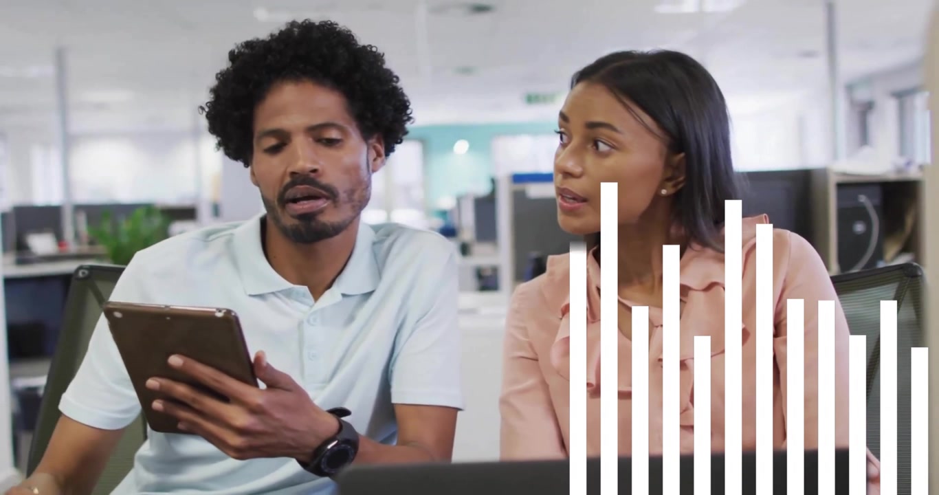 Animation of data processing over diverse colleagues discussing work in office