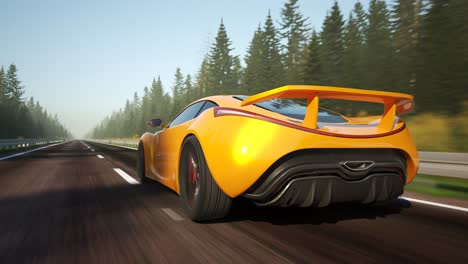 Sports-car-driving-fast-through-the-forest.-Camera-attached-do-the-front-of-a-car.-Loopable-animation.-Highway-high-speed-transportation-concept.-Automotive-race-fast-vehicle.