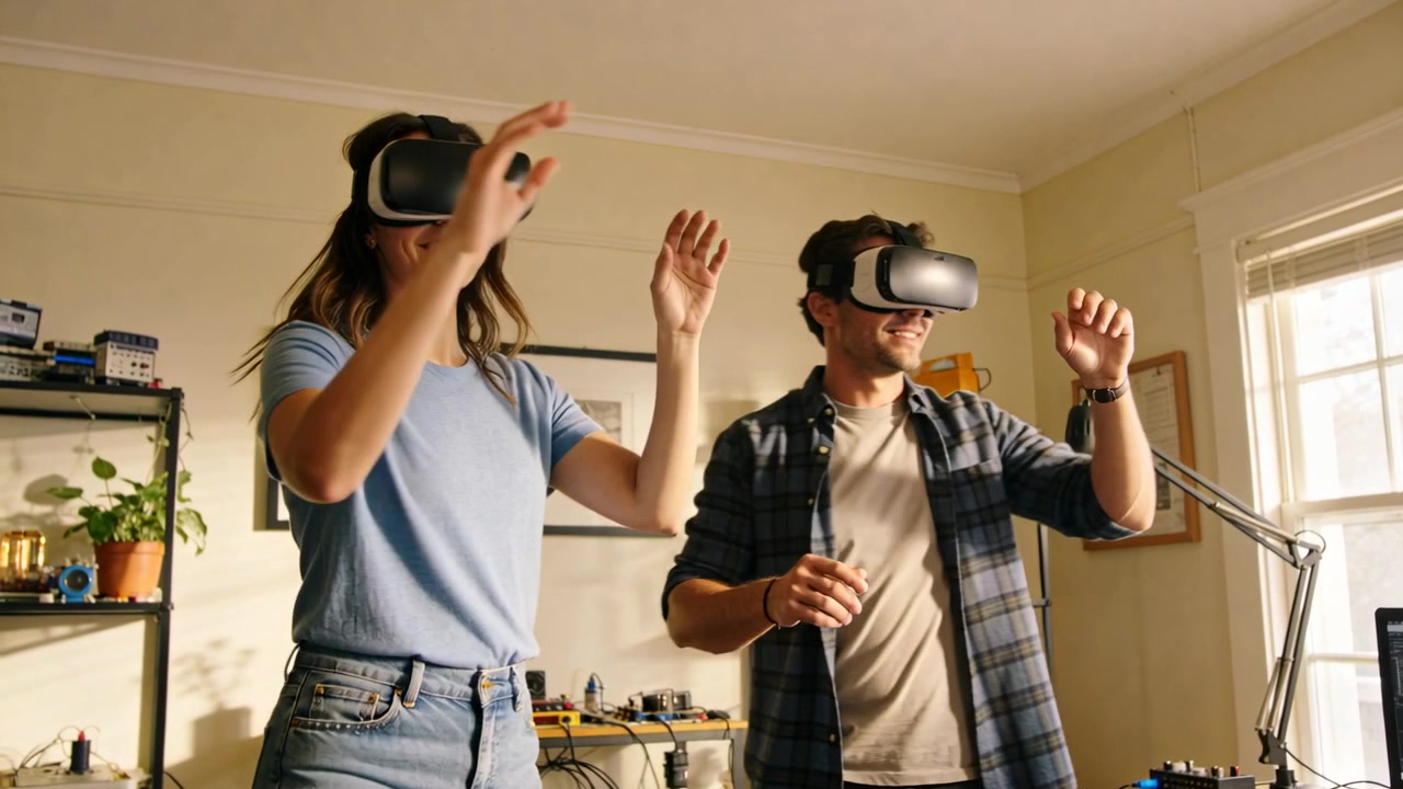 Donna in blu e uomo in camicia a quadri che indossano visori VR, si aggiustano, si protendono ed esplorano una scena VR in un home office