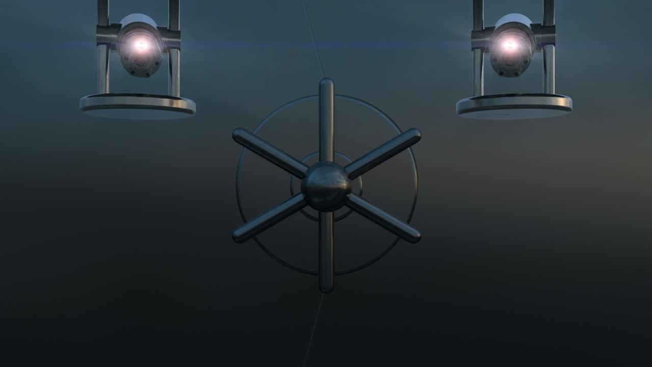 animación 3d del cierre de la puerta de entrada metálica. aparición de la torreta automática (ametralladora de gatling) y disparos. proceso de trabajo del sistema de seguridad cibernética. abstracto de tecnología futurista con canal alfa.