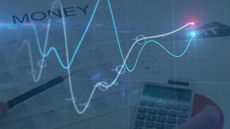 Hand pressing calculator starting cyan white lines moving, nodes lighting, showing MONEY analysis