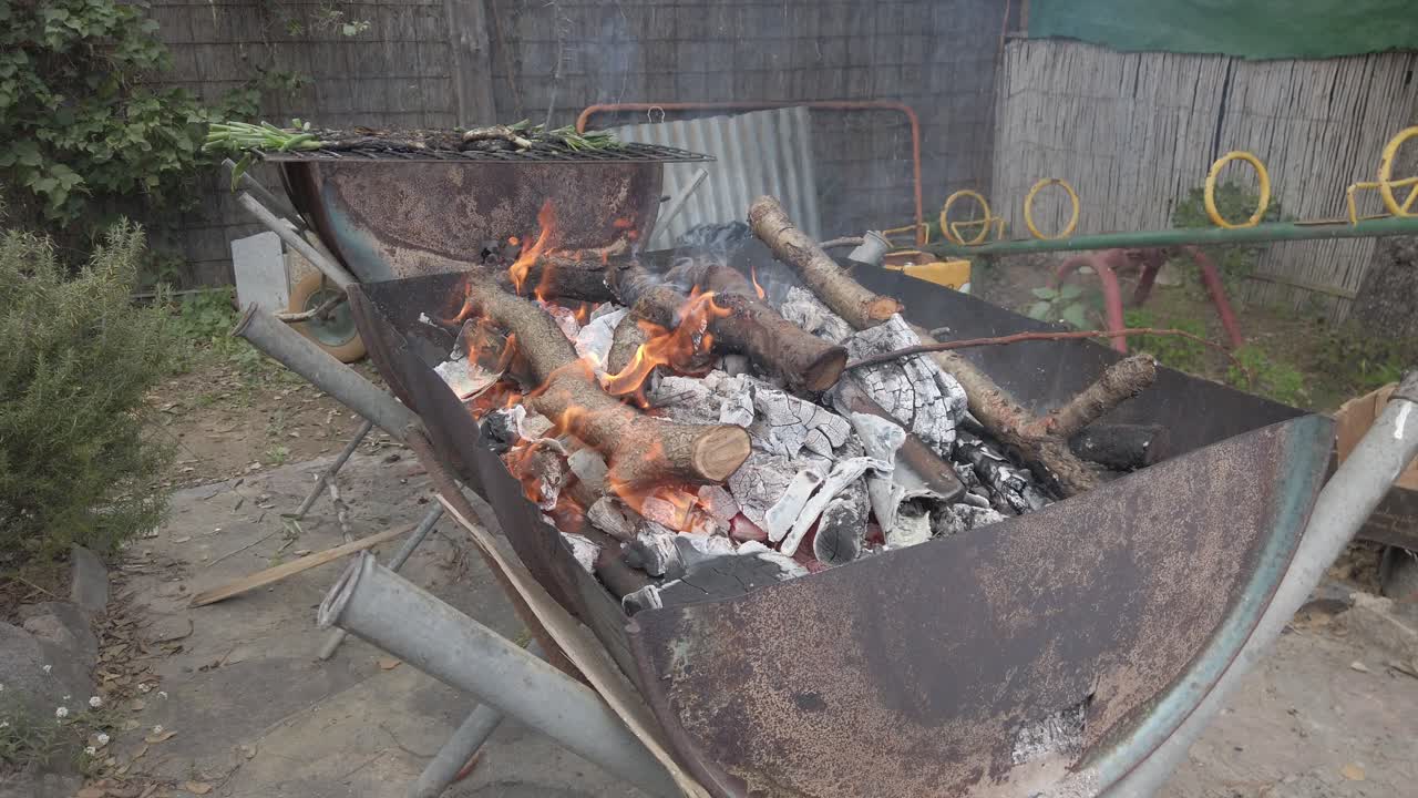 Burning wood casting vibrant flames and rising smoke inside metal container, transforming backyard space into warm cooking environment during summer leisure moment