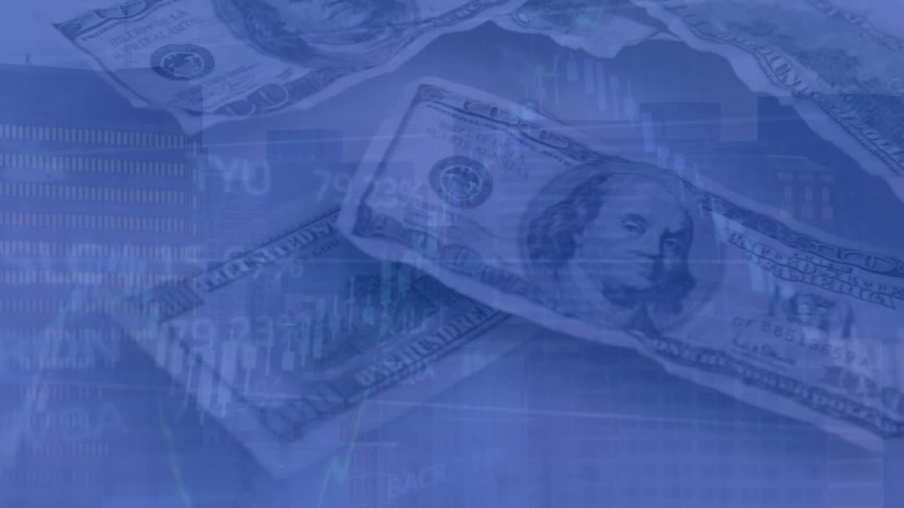 Animation of financial data processing over dollar bills on white background