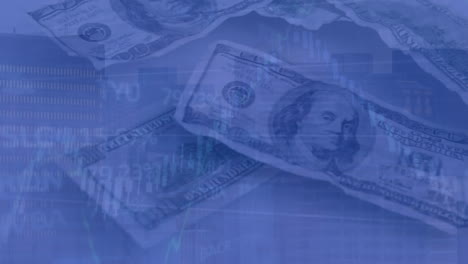 animación del procesamiento de datos financieros sobre billetes de dólar en fondo blanco.