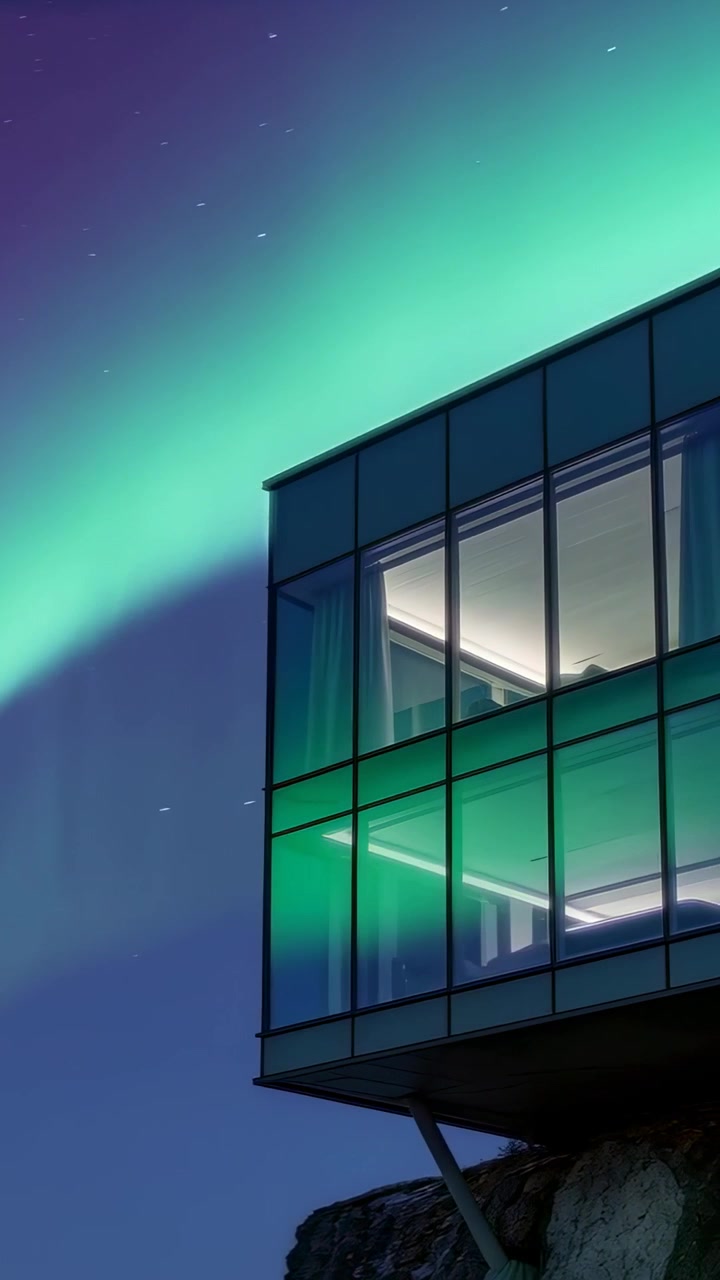 Video verticale: Edificio di vetro con LED che si accendono e spengono a ciclo, mentre l'aurora si avvicina a una scogliera di notte, con spazio per il testo.