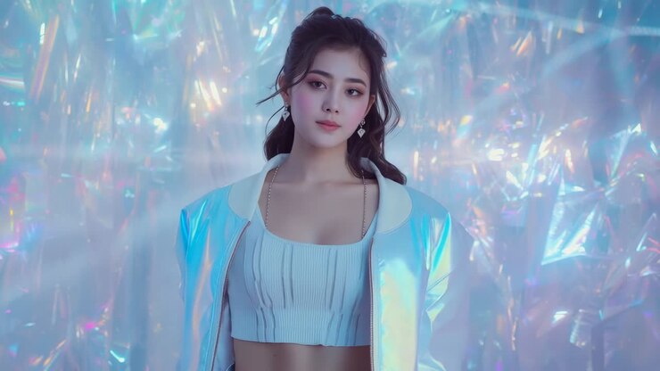 Shifting pastel lights across studio foil backdrop, model posing in bomber jacket, gazing at camera