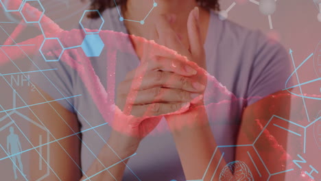 animación de cadena de adn y fórmula química sobre mujer biracial con dolor de mano