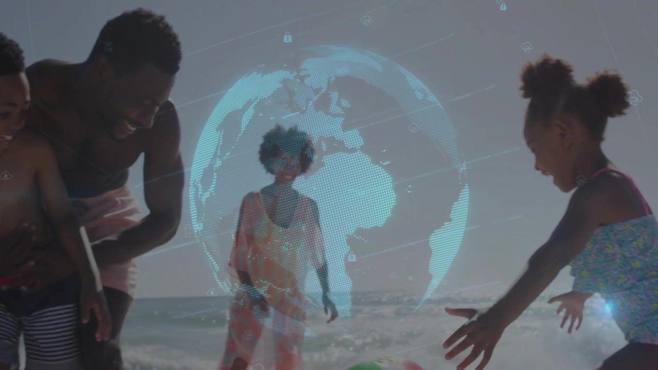Family playing shore, boy tossing beach ball, man guiding, girl picking, tech globe HUD over group