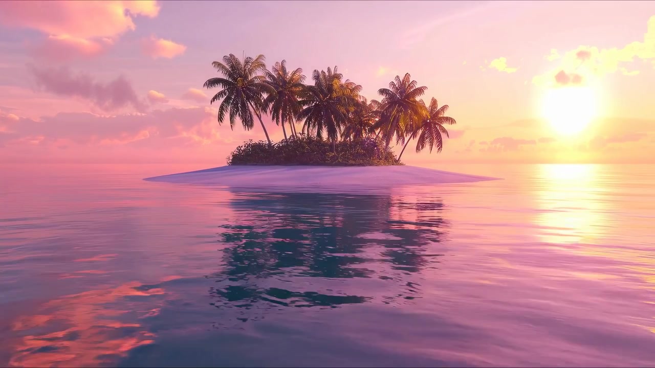 Isola tropicale idilliaca con palme al tramonto