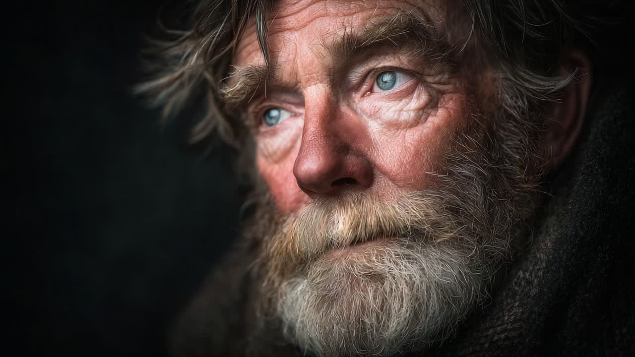 Følelsesladet nærbillede af en vejrbidt mand, der reflekterer over livet og indfanger dybden af hans oplevelser gennem udtryksfulde øjne og teksturerede træk.