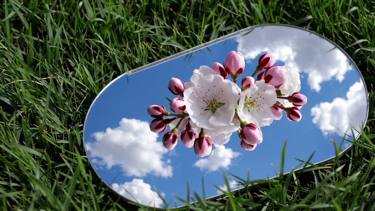 Cherry blossoms and sky reflected in a mirror on grass