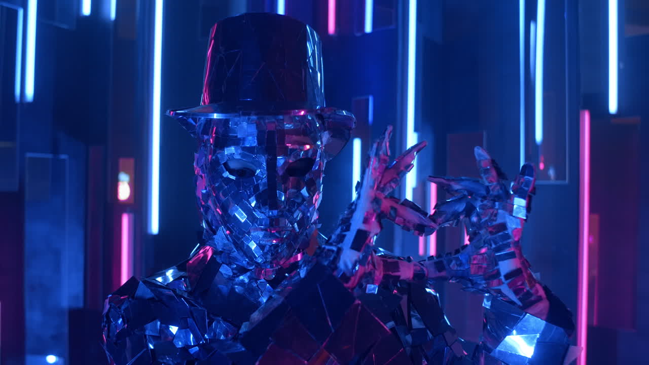 el hombre del espejo de traje brillante sobre el fondo de la pared azul y púrpura. muestra a la gente del espejo.