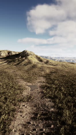 a dirt path leading through a grassy field with hills in the distance