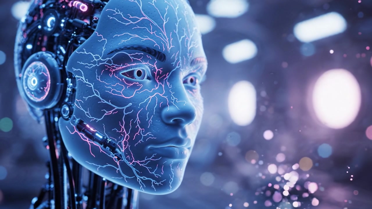 Robot umanoide futuristico con circuiti intricati e schemi neurali luminosi, ambientato in un ambiente high-tech con illuminazione ambientale e atmosfera eterea