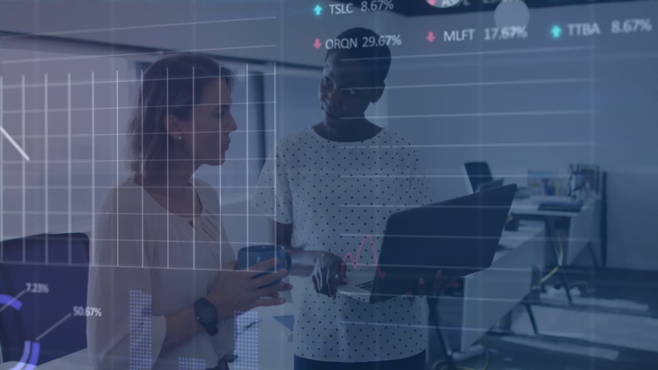 Animation of graphs and trading board over diverse colleague discussing over laptop in office