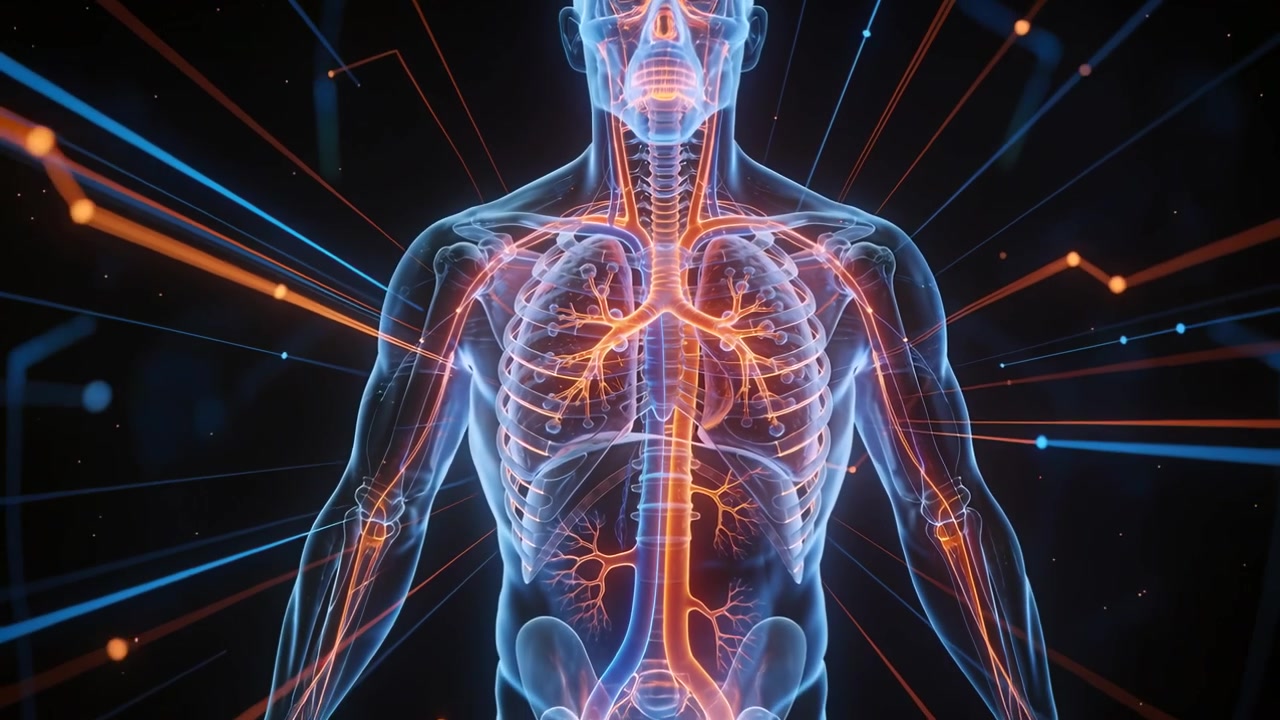 Zooming camera revealing clear anatomy in dark lab, pulsing bronchi, radiating nodes showing links