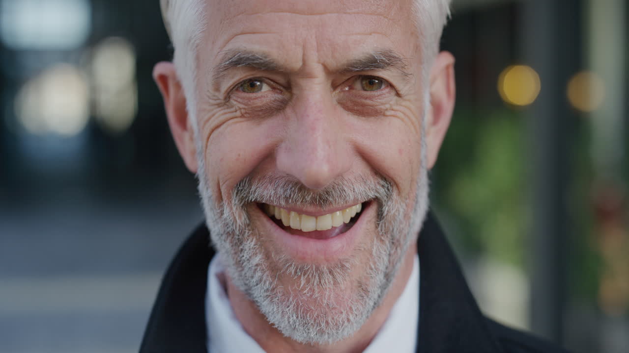 retrato de cerca feliz hombre de negocios maduro riendo disfrutando de un exitoso estilo de vida urbano alegre hombre profesional senior en cámara lenta