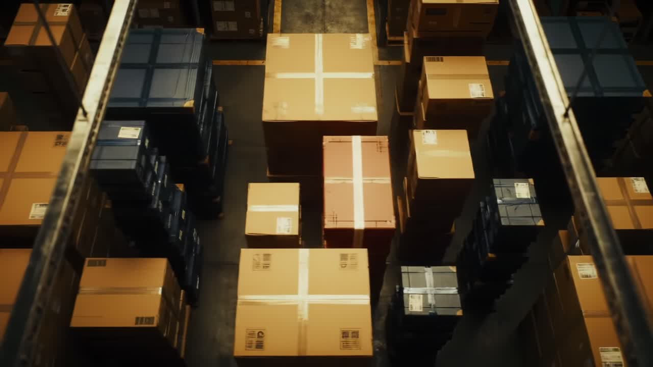 Aerial View of an Organized Warehouse Filled with Stacked Boxes, Showcasing Efficient Storage Solutions and Inventory Management Practices in Action
