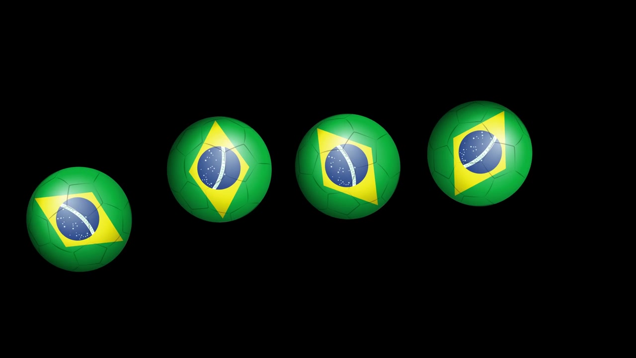 Animerede fodbolde med brasiliansk flaggrafik hopper hen over en mørk, minimalistisk baggrund